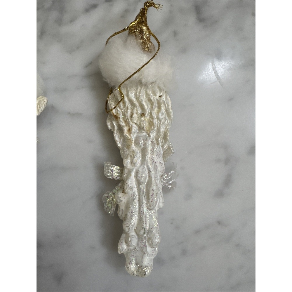 White Glitter Santa Claus Icicle Ornaments Gold Accents Faux Fur Trim Set of 2 - Picture 6 of 8